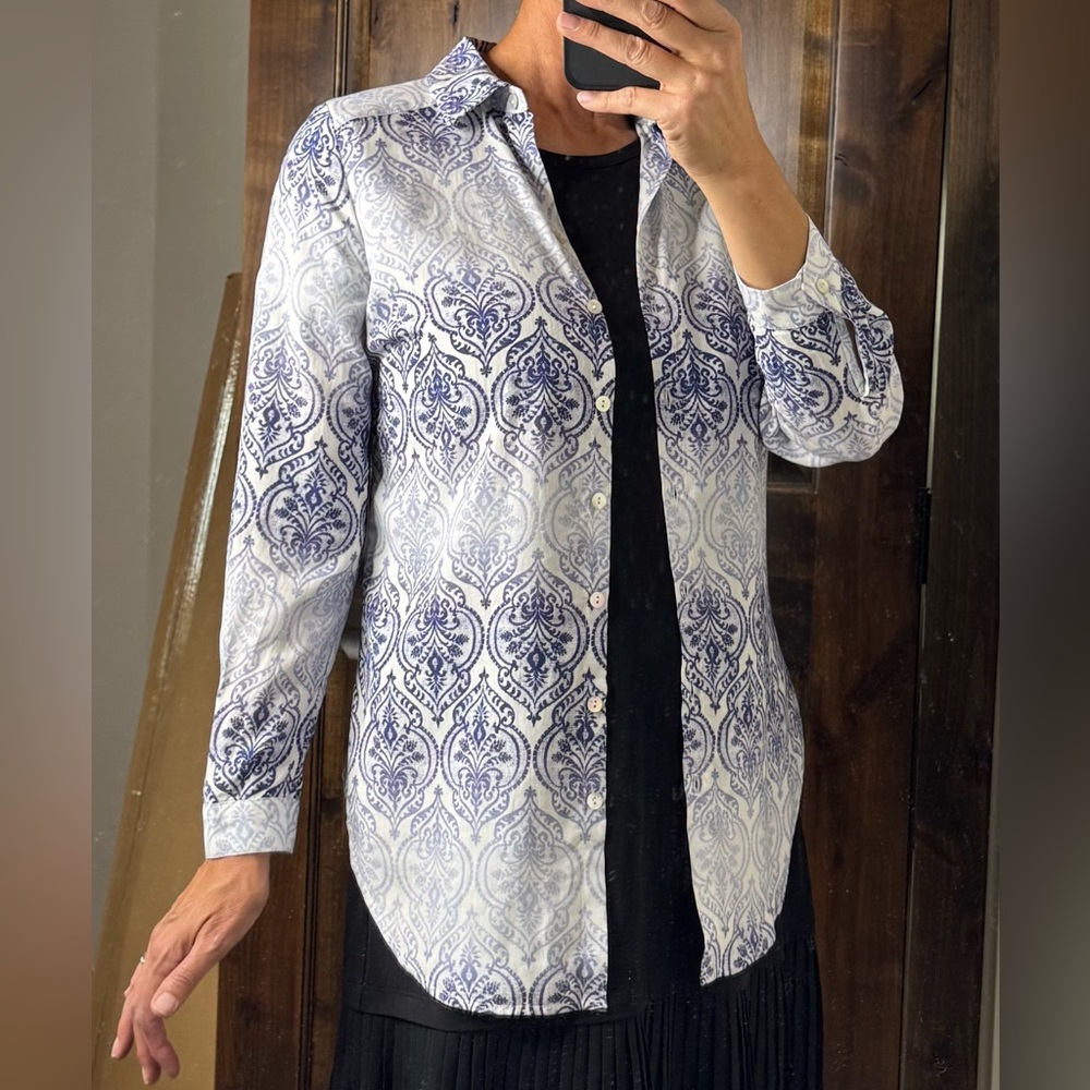 Chico's Blue & White Button Down Shirt With Floral Design on Back